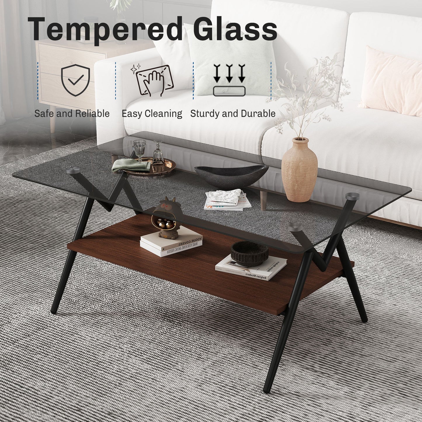 Rectangle Coffee Table With Tempered Glass Top And Brown MDF Shelf, Modern Table For Living Room - Gray