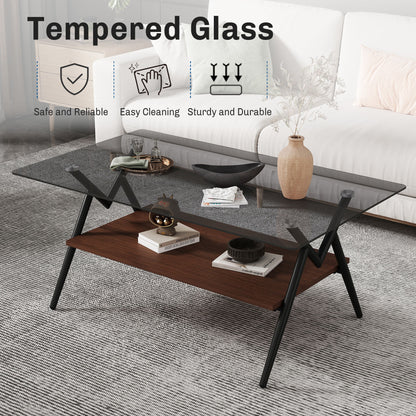 Rectangle Coffee Table With Tempered Glass Top And Brown MDF Shelf, Modern Table For Living Room - Gray