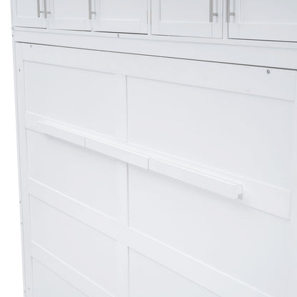 Full Size Space Saving Murphy Wall Bed With Top Cabinets, Flexible Slats - White