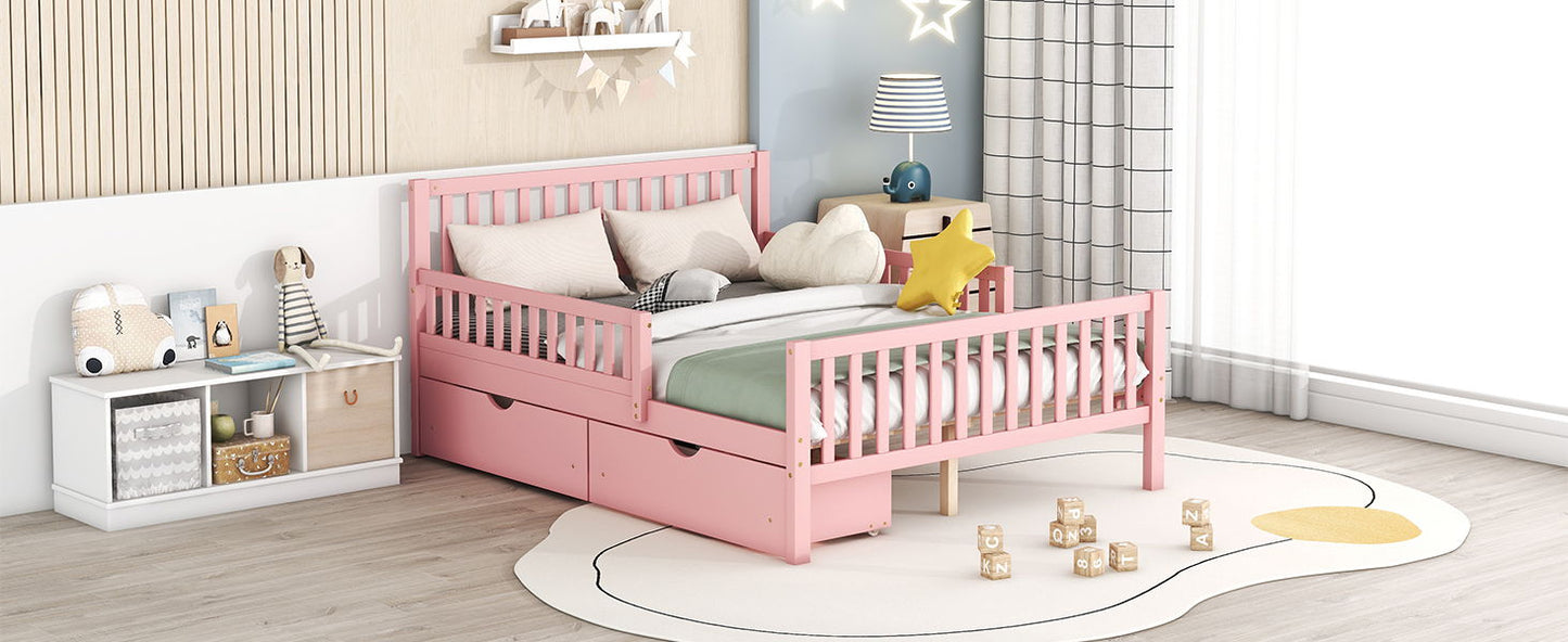Full Size Platform Bed With Guardrails On Both Sides And 2 Storage Drawers - Pink