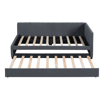 Upholstered Daybed With Trundle Twin Size Sofa Bed Frame No Box Spring Needed, Linen - Gray