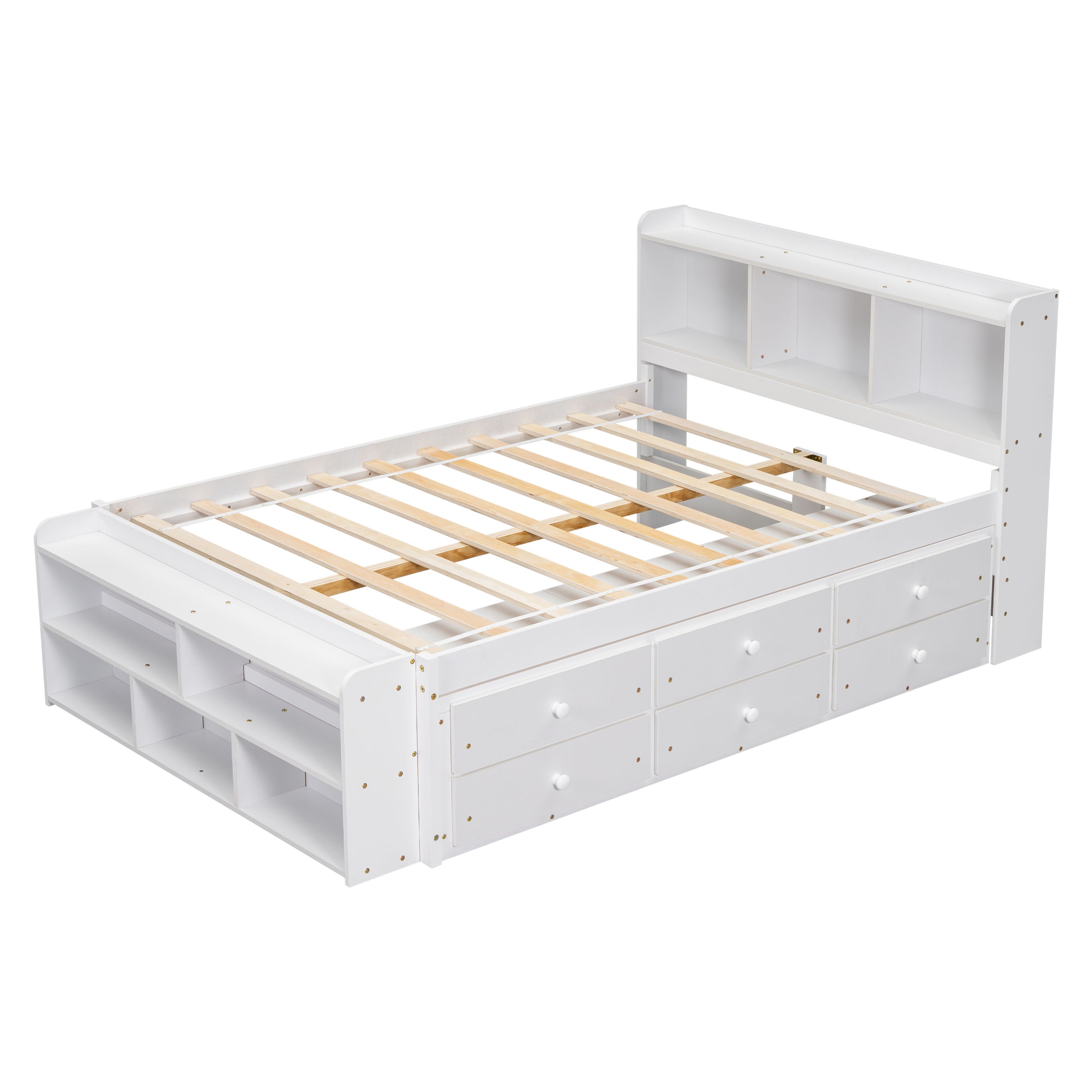 Full Bed With Bookcase Headboard, Under Bed Storage Drawers And Bed End Storage Case - White