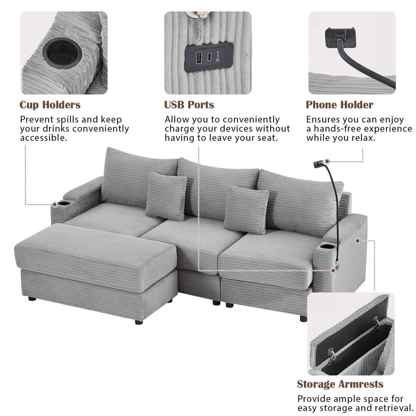 Modern Style 3 - Seater Sofa Sectional Sofa Couch With Storage Space, A Movable Ottoman, Two USB Ports, Two Cup Holders, A Phone Holder For Living Room - Gray