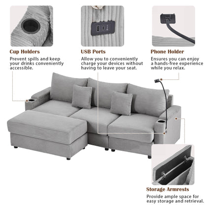 Modern Style 3 - Seater Sofa Sectional Sofa Couch With Storage Space, A Movable Ottoman, Two USB Ports, Two Cup Holders, A Phone Holder For Living Room - Gray