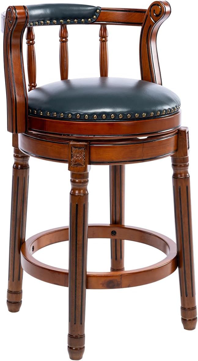 26'' Swivel Leather Wooden Bar Stool, 360 Degree Swivel Bar Height Chair With Backs For Home Kitchen Counter - Blue