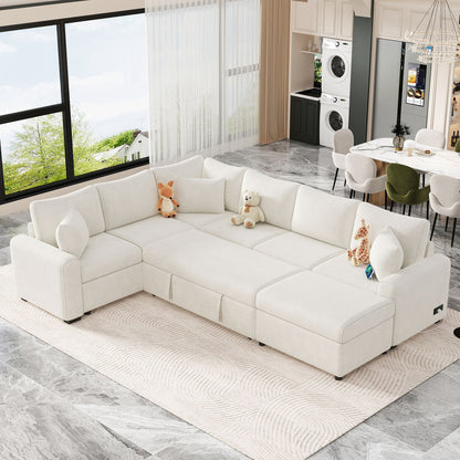 Sectional Sofa Pull-Out Sofa Bed Sleeper With A Storage Ottoman, Three Pillows And Charging Devices For Living Room - Cream