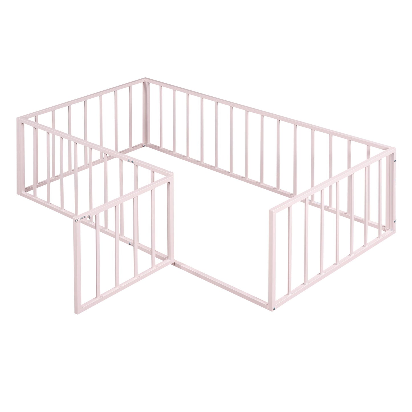 Twin Size Floor Bed Frame With Fence And Door - Pink
