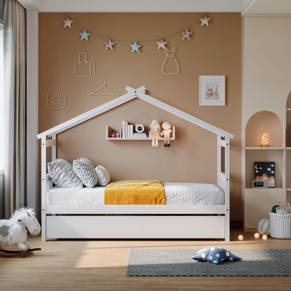 Twin Size House Bed With Twin Size Trundle - White