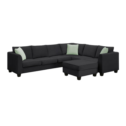 Sectional Sofa Couches Living Room Sets, 7 Seats Modular Sectional Sofa With Ottoman, L Shape Fabric Sofa Corner Couch Set With 3 Pillows - Black
