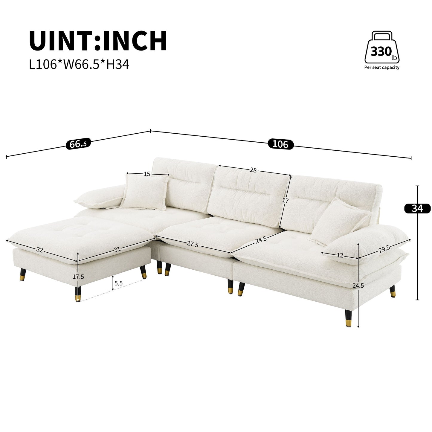 L Shaped Convertible Sectional Sofa 4 Seat Tufted Couch Set With Two Tone Adjust Legs Cloud Movable Ottoman - White