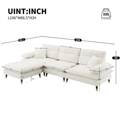 L Shaped Convertible Sectional Sofa 4 Seat Tufted Couch Set With Two Tone Adjust Legs Cloud Movable Ottoman - White