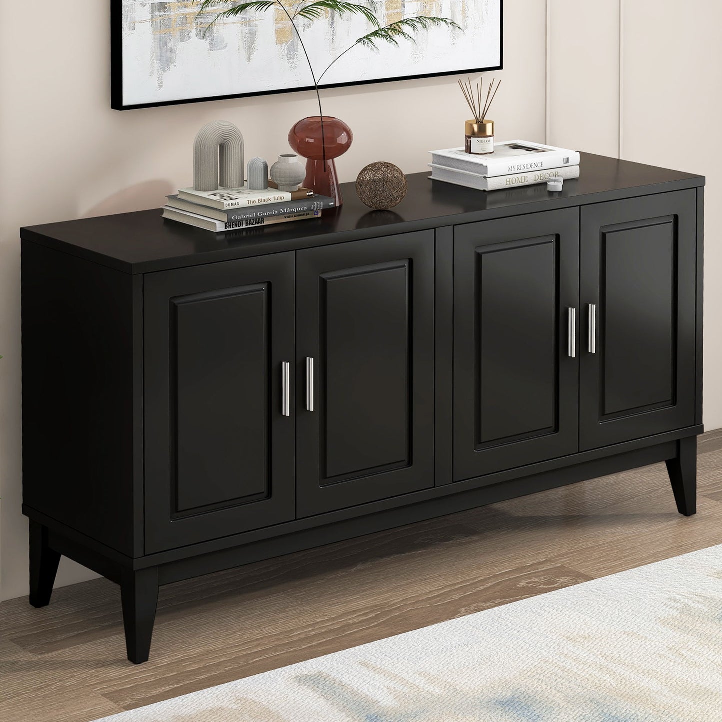 4 Door Sideboard Storage Cabinet With Door Shelf For Living Room And Dining Room, 2 Large Cabinets With Adjustable Shelf - Black