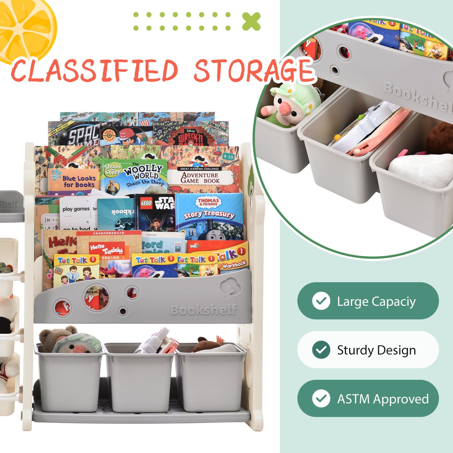 Kids Bookshelf Toy Storage Organizer With 17 Bins And 5 Bookshelves, Multi-Functional Nursery Organizer Kids Furniture Set Toy Storage Cabinet Unit With HDPE SheLF And Bins - Gray