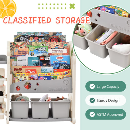 Kids Bookshelf Toy Storage Organizer With 17 Bins And 5 Bookshelves, Multi-Functional Nursery Organizer Kids Furniture Set Toy Storage Cabinet Unit With HDPE SheLF And Bins - Gray