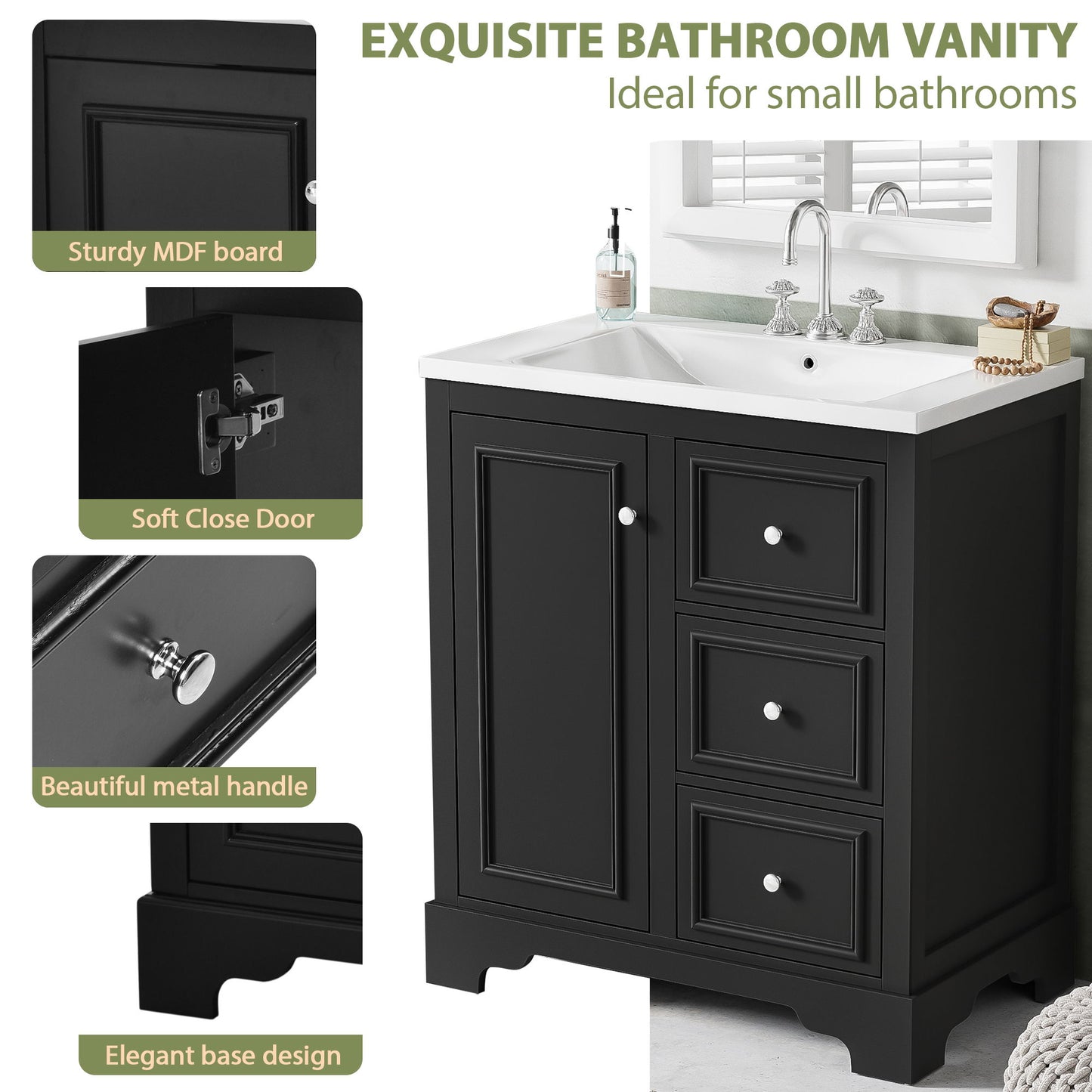 Bathroom Vanity Cabinet With Ceramic Basin, 3 Drawers And Adjustable Shelves - Black