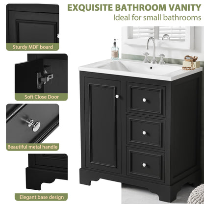 Bathroom Vanity Cabinet With Ceramic Basin, 3 Drawers And Adjustable Shelves - Black