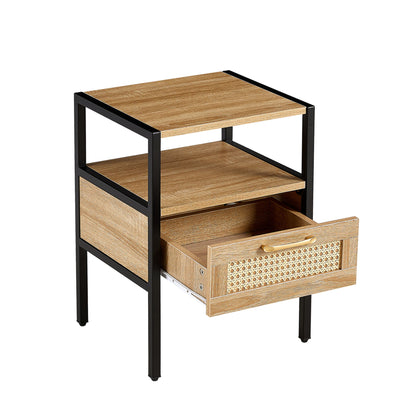 Rattan End Table With Drawer, Modern Nightstand, Metal Legs, Side Table For Living Room, Bedroom - Natural