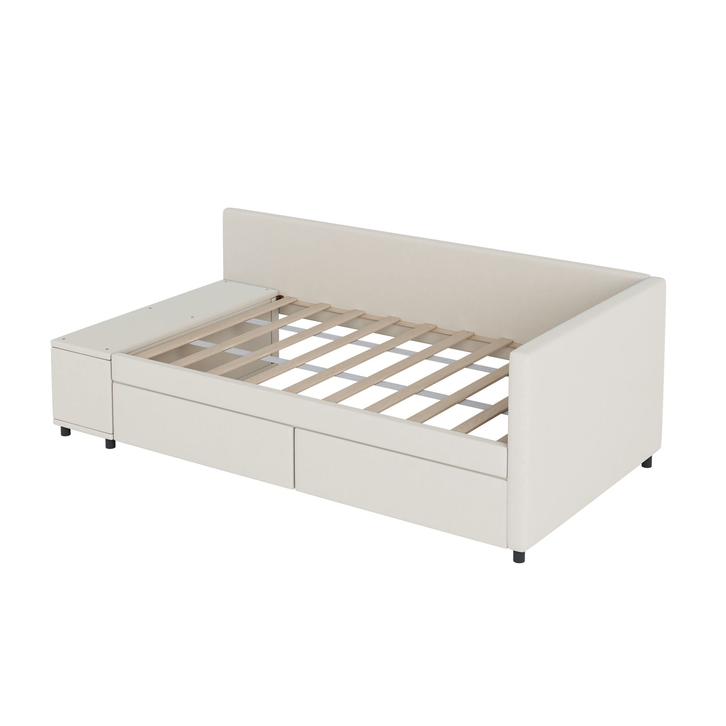 Twin L Shaped Upholstered Platform Bed With Storage And Drawers - Beige