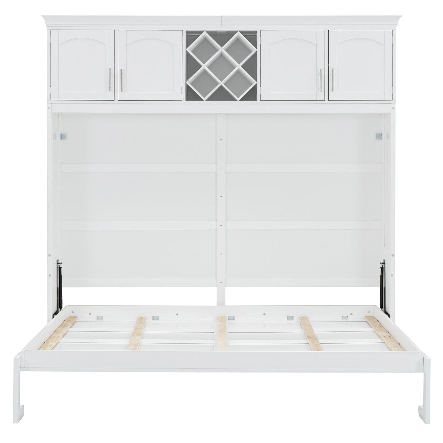 Queen Size Murphy Wall Bed With Top Cabinets & Wine Rack - White