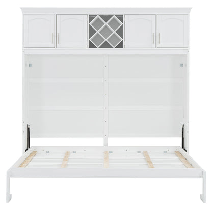 Queen Size Murphy Wall Bed With Top Cabinets & Wine Rack - White