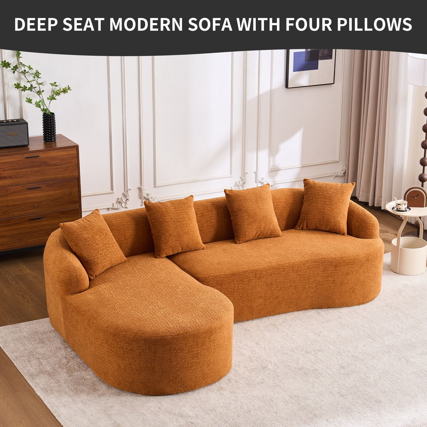 Compression Sofa: Combining Chaise Longue With 3 Seater, Wood Grain Chenille Fabric, Full Sponge Compression Sofa, Combined Sofa With 4 Pillows For Living / Home Furniture / Apartment - Orange