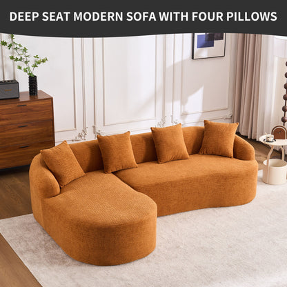 Compression Sofa: Combining Chaise Longue With 3 Seater, Wood Grain Chenille Fabric, Full Sponge Compression Sofa, Combined Sofa With 4 Pillows For Living / Home Furniture / Apartment - Orange