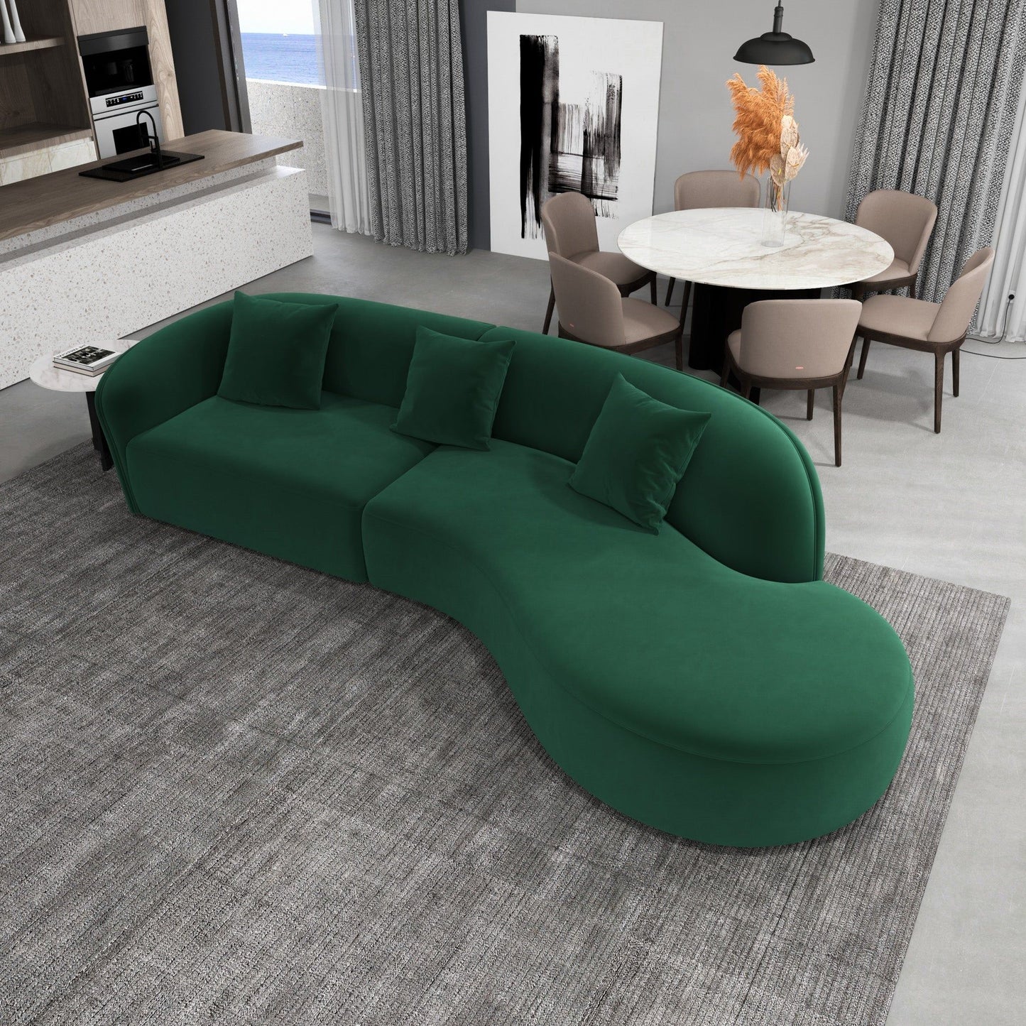 Elijah - Japandi Style Curvy Sectional Sofa - Green