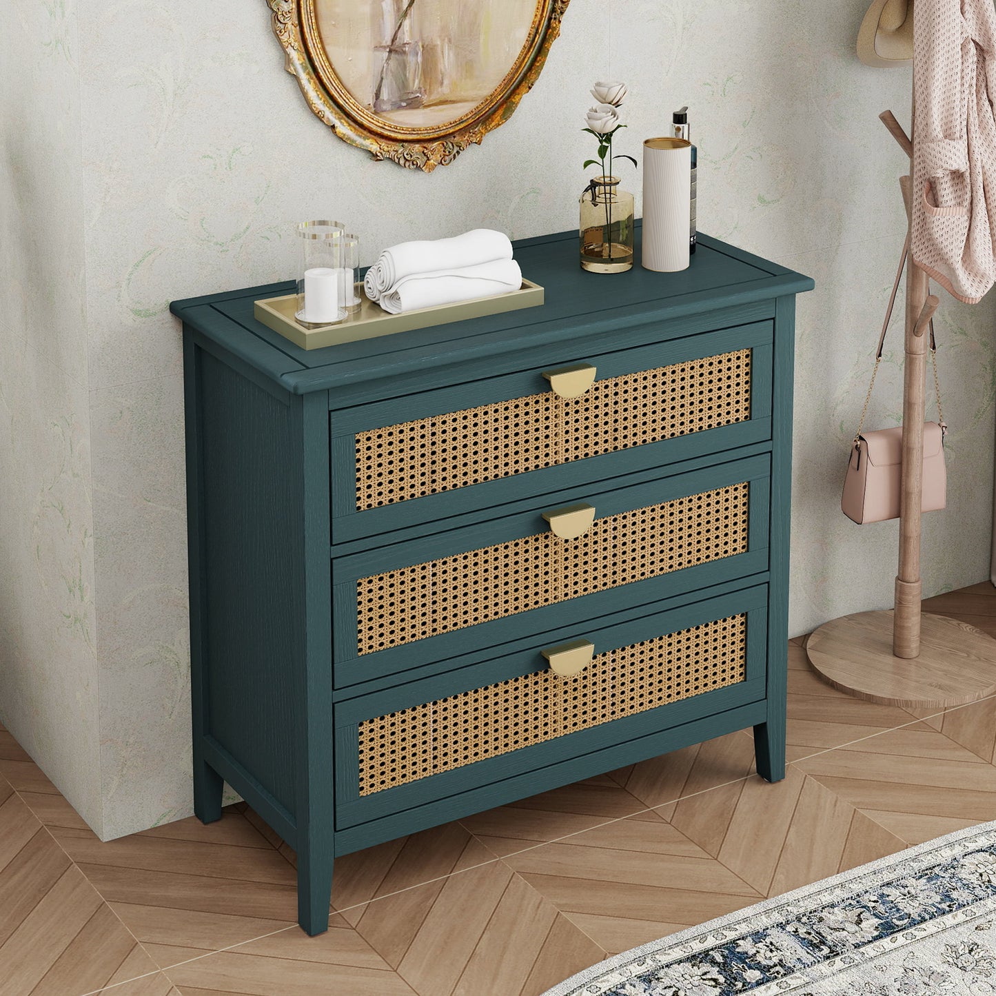 3 Drawer Cabinet - Natural Rattan, Suitable For Bedroom - Green
