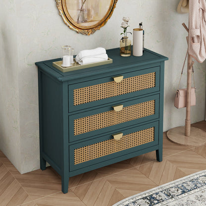 3 Drawer Cabinet - Natural Rattan, Suitable For Bedroom - Green