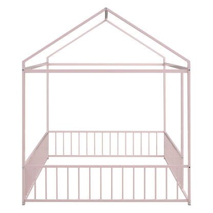 Full Size Bed House Bed Frame With Fence - Pink