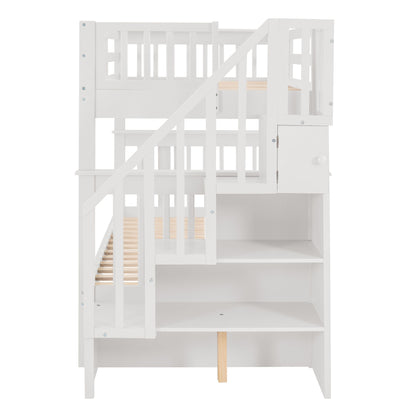 Twin Over Twin Stairway Bunk Bed With Twin Size Trundle For Bedroom - White