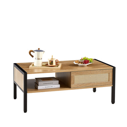 40.16" Rattan Coffee Table, Sliding Door For Storage, Metal Legs, Modern Table For Living Room - Natural