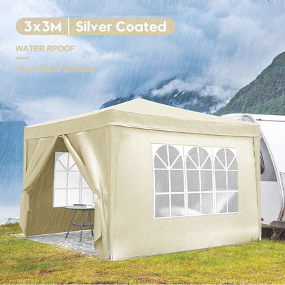 10'X10' Folding Canopy With 4 Removable Sidewalls Outdoor Event Shelter UPF 50+ Gazebo Portable Tents For Parties Beach Camping Wedding Ez Pop Up Canopy 4 Pieces Weight Bag + Carry Bag - Beige