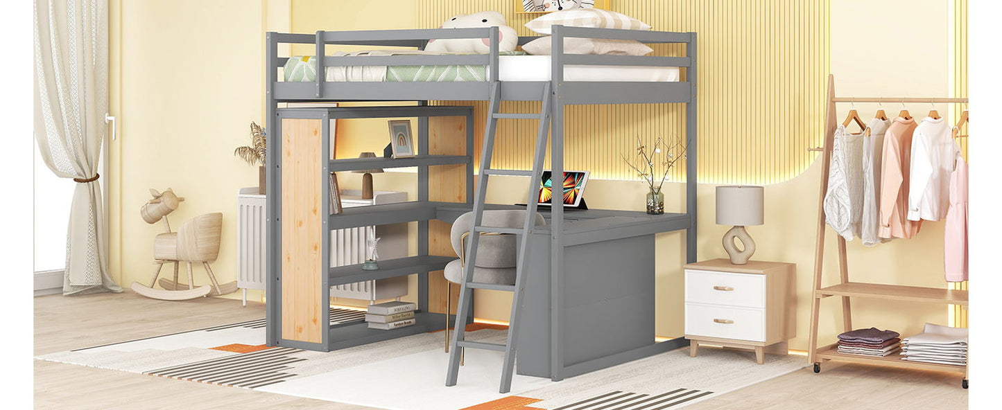 Full Size Loft Bed With Ladder, Shelves, And Desk - Gray