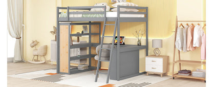 Full Size Loft Bed With Ladder, Shelves, And Desk - Gray