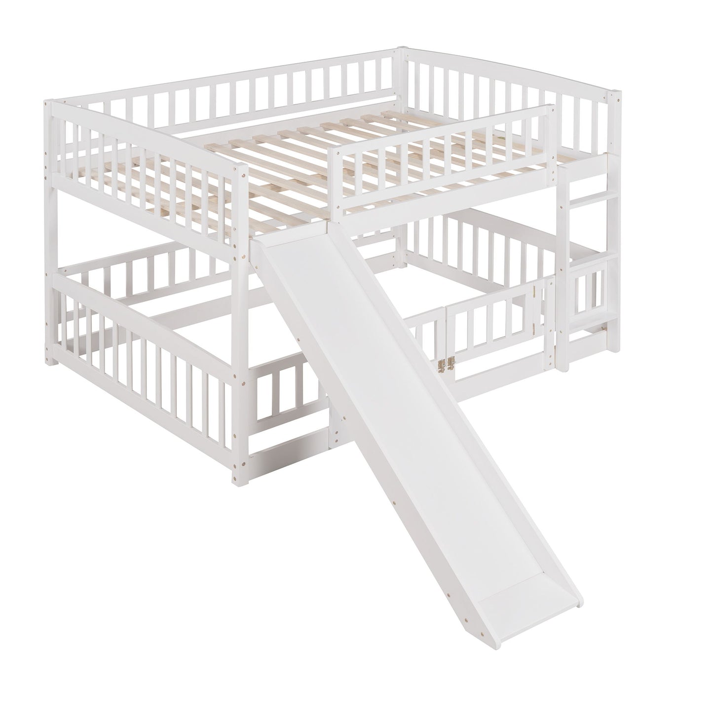 Full Over Full Low Bunk Bed With Slide, Fence And Ladder For Toddler - White