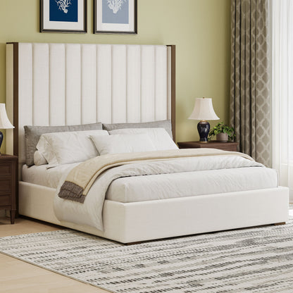 Tall Headboard Upholstered King Size Bed With Vertical Striped And Wingback Design, Box Spring Needed, Linen - Beige