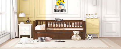 Twin Size Daybed With Trundle And Fence Guardrails - Walnut