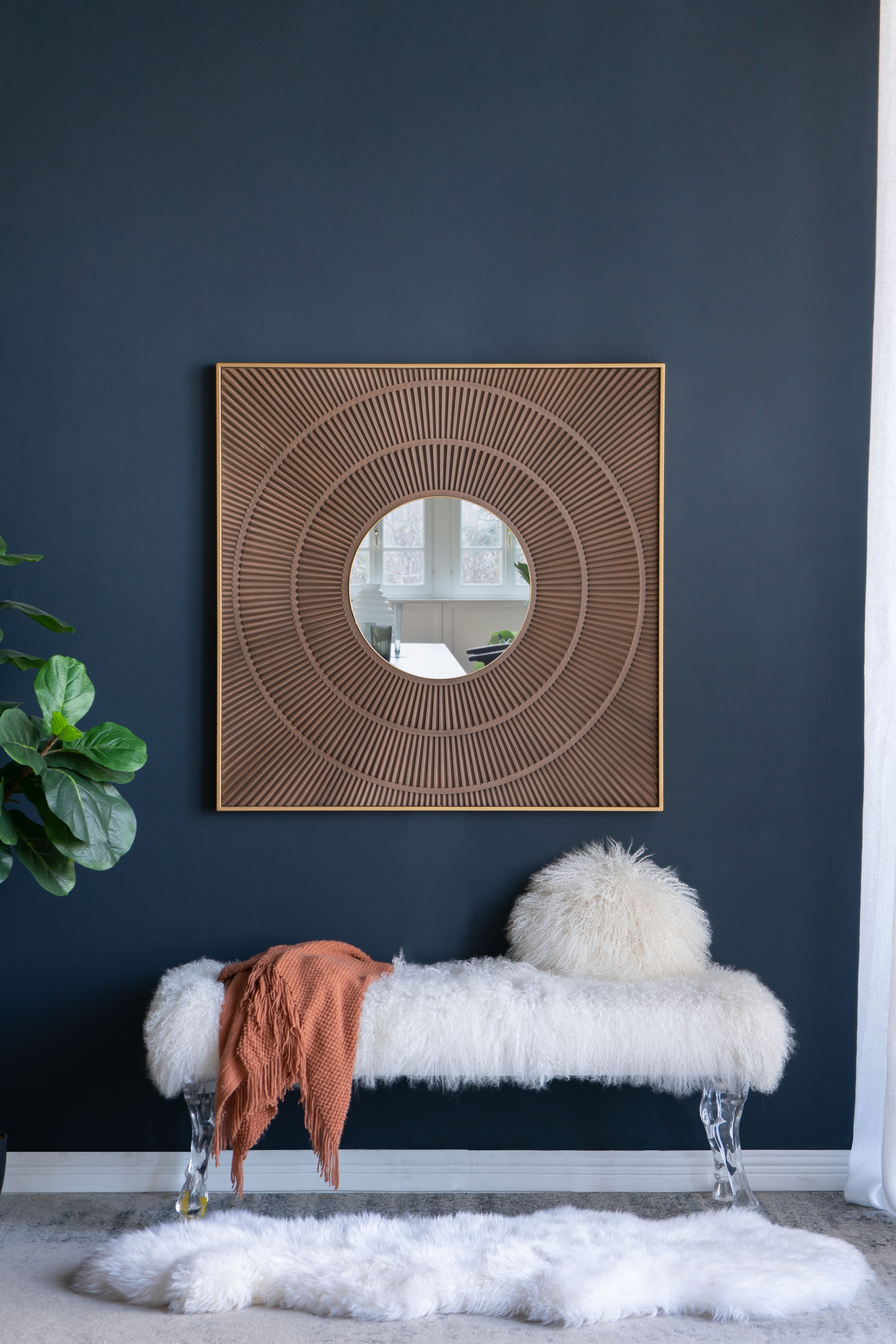 Square Carved Mirror With Pleated Design WithIron Frame, Neutral Colorway Wall Decor For Living Room Bathroom Entryway - Brown