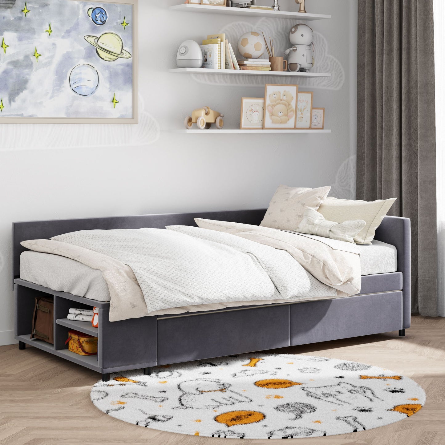 Twin L Shaped Upholstered Platform Bed With Storage Drawers - Gray