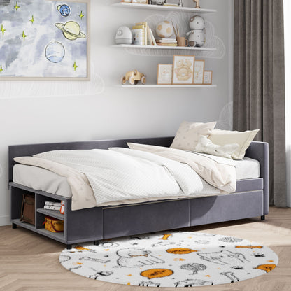 Twin L Shaped Upholstered Platform Bed With Storage Drawers - Gray