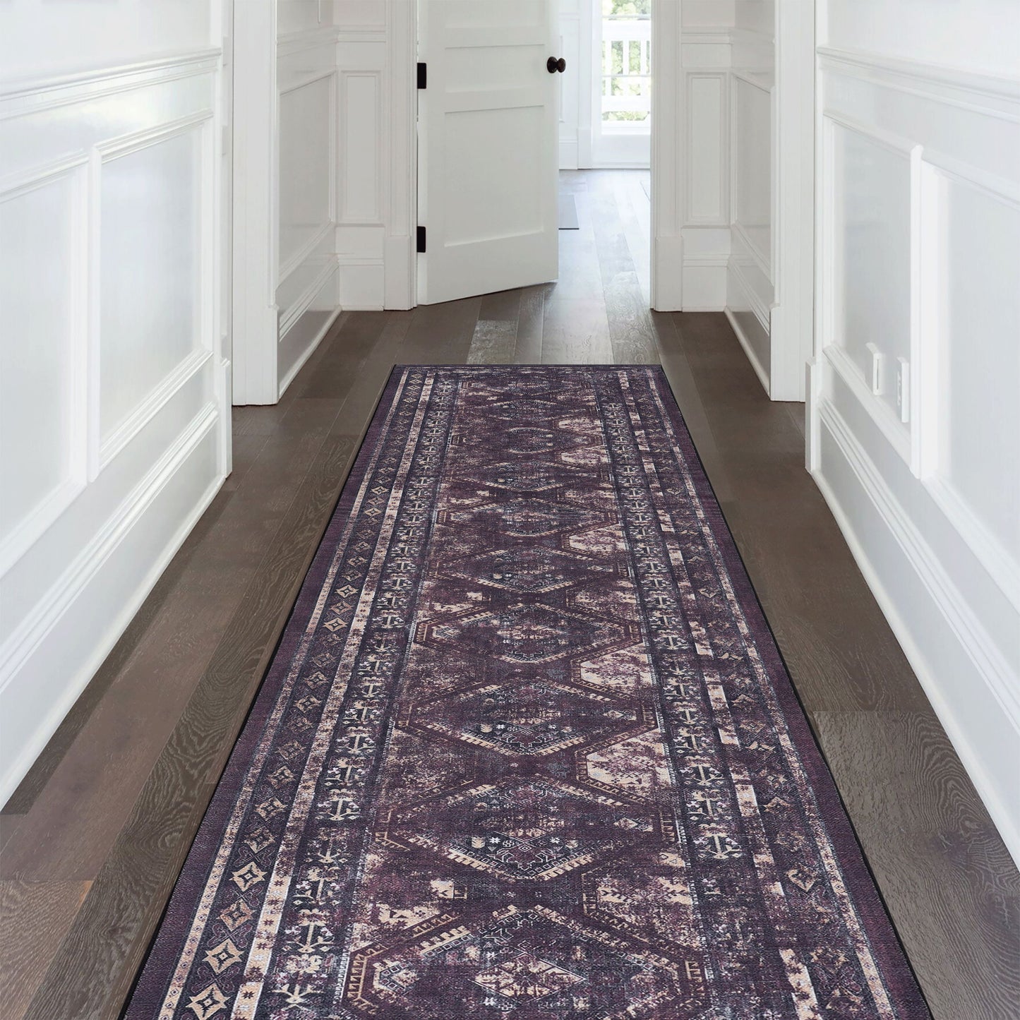 Maval - 2'6'' X 10' Washable Runner Rug - Black / Burgundy