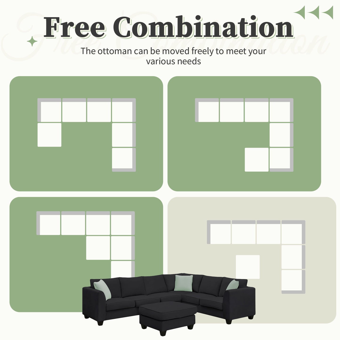 Sectional Sofa Couches Living Room Sets, 7 Seats Modular Sectional Sofa With Ottoman, L Shape Fabric Sofa Corner Couch Set With 3 Pillows - Black