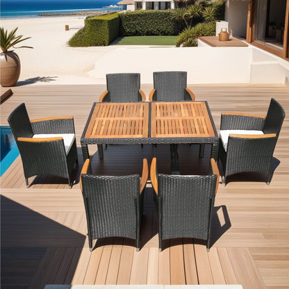 7 Piece Outdoor Patio Wicker Dining Set Patio Wicker Furniture Dining Set - Black / Cream