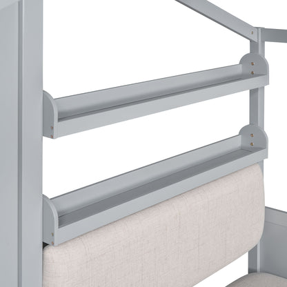 Twin Size House Bed With Sofa, Kids Platform Bed With 2 Drawers And Storage Shelf - Gray