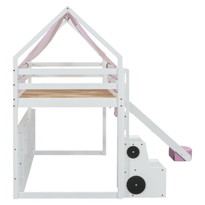 Twin Size Charming House Shaped Loft Bed With Tent And Slide - White / Pink