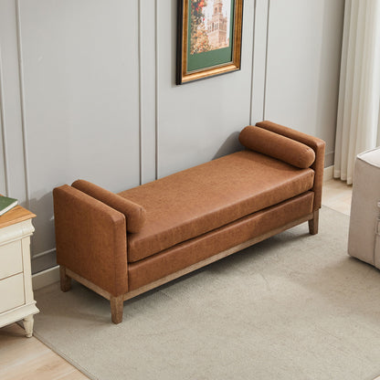 Elegant Upholstered Bench, Daybed, Ottoman With Wood Legs & 2 Bolster Pillows - Brown