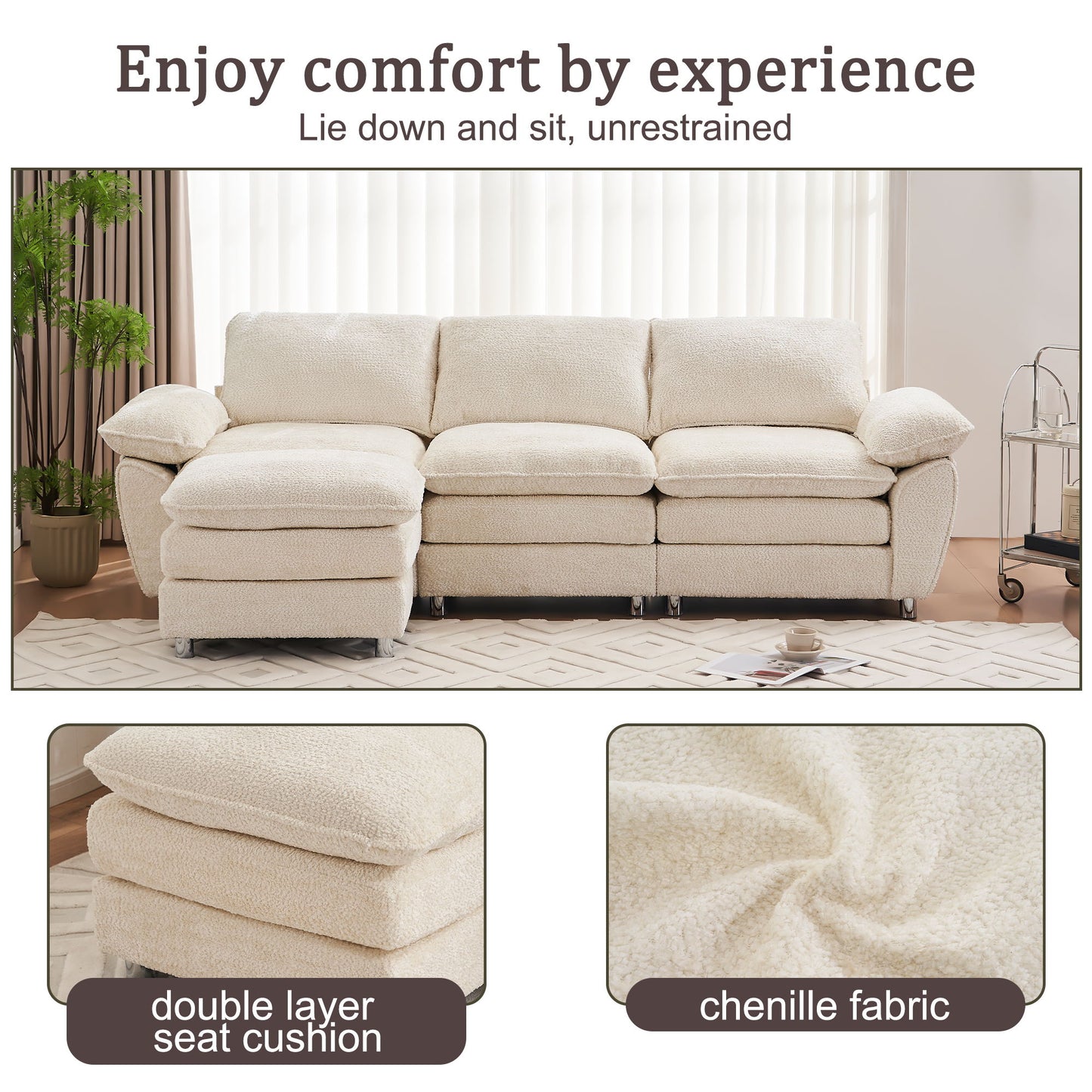 Modern Deep 3 Seat Sofa Couch With Ottoman, Polyester Sofa Sleeper Comfy Upholstered Furniture For Living Room - Beige