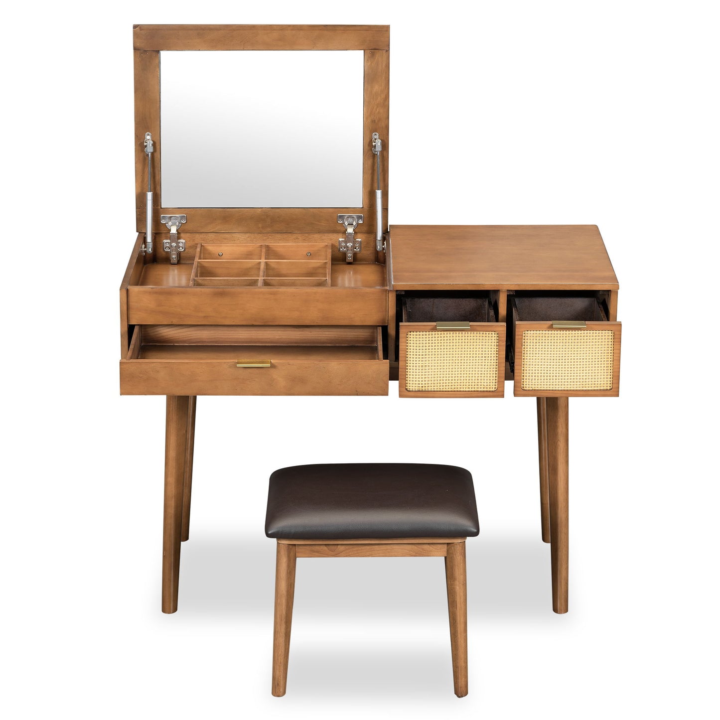 Classic Wood Makeup Vanity Set With Flip-Top Mirror And Stool, Dressing Table With Three Drawers And Storage Space - Brown