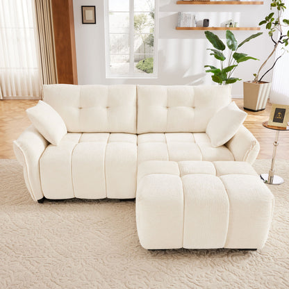Modern Fabric 2 Seater Sofa With Ottoman Minimalist Design - White